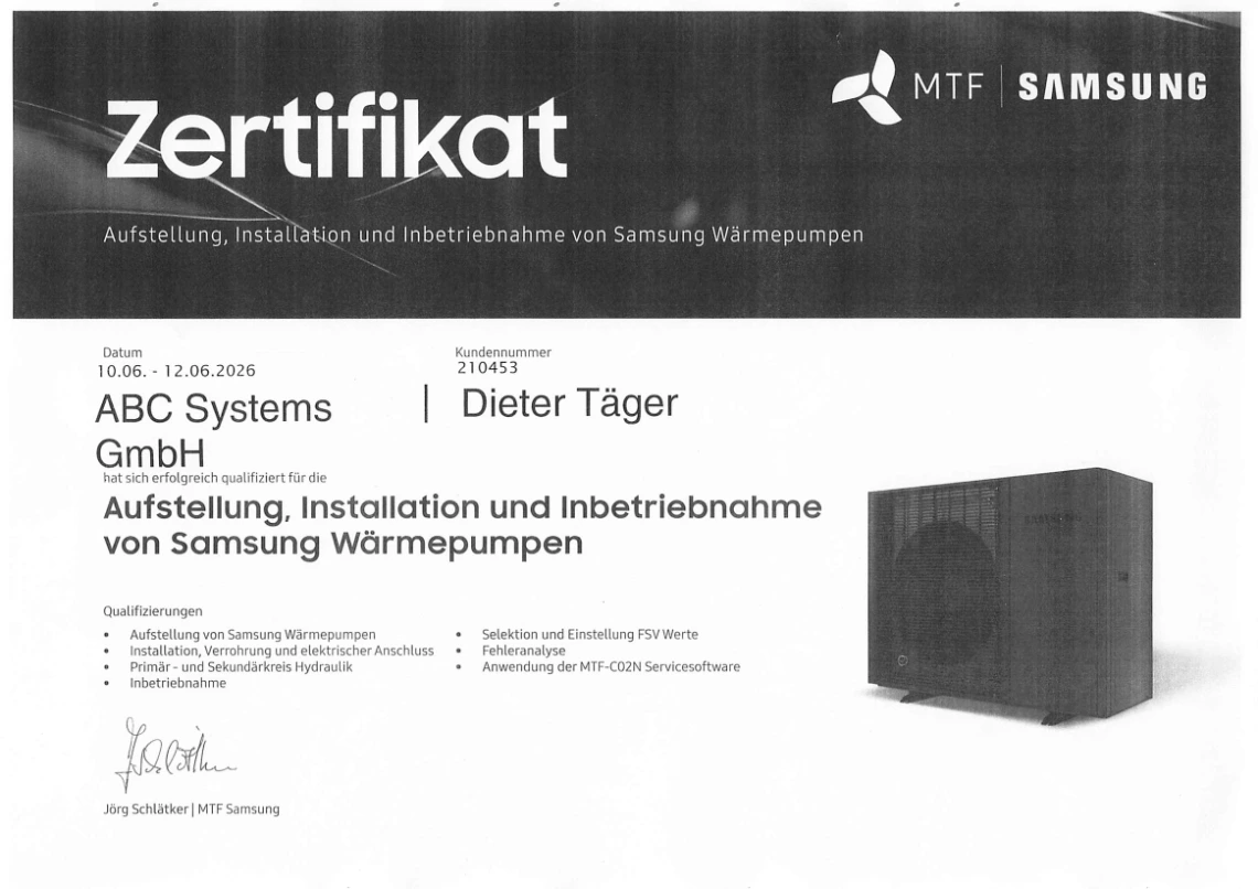 Zertifikat für Dieter Täger. Aufstellung, Aufstellung, Inbetriebnahme und Wartung von Samsung- wärmepumpen